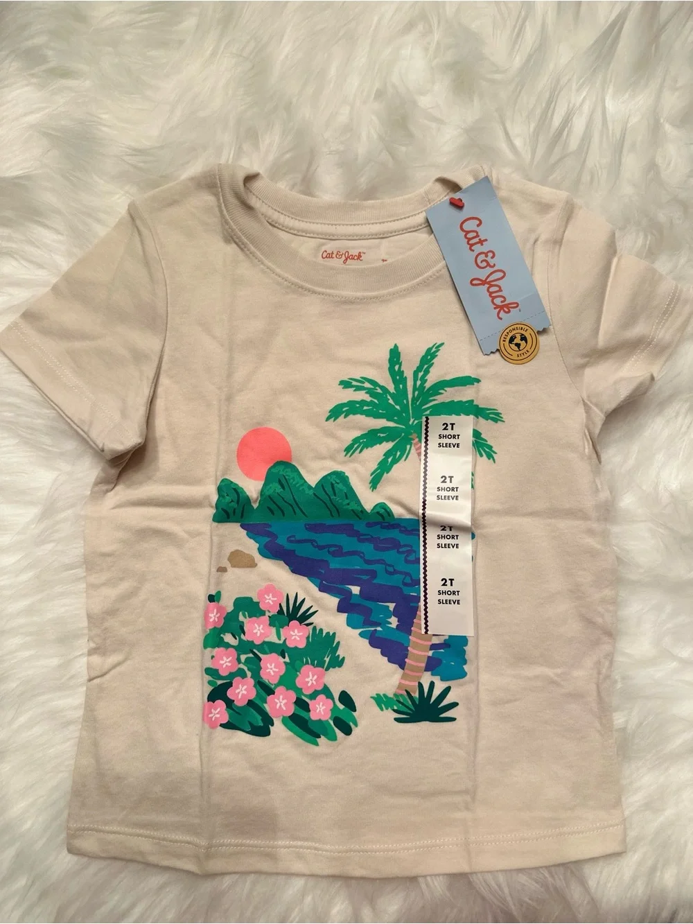 Cat & Jack Beige Tee with Pink Flowers and Tropical Print